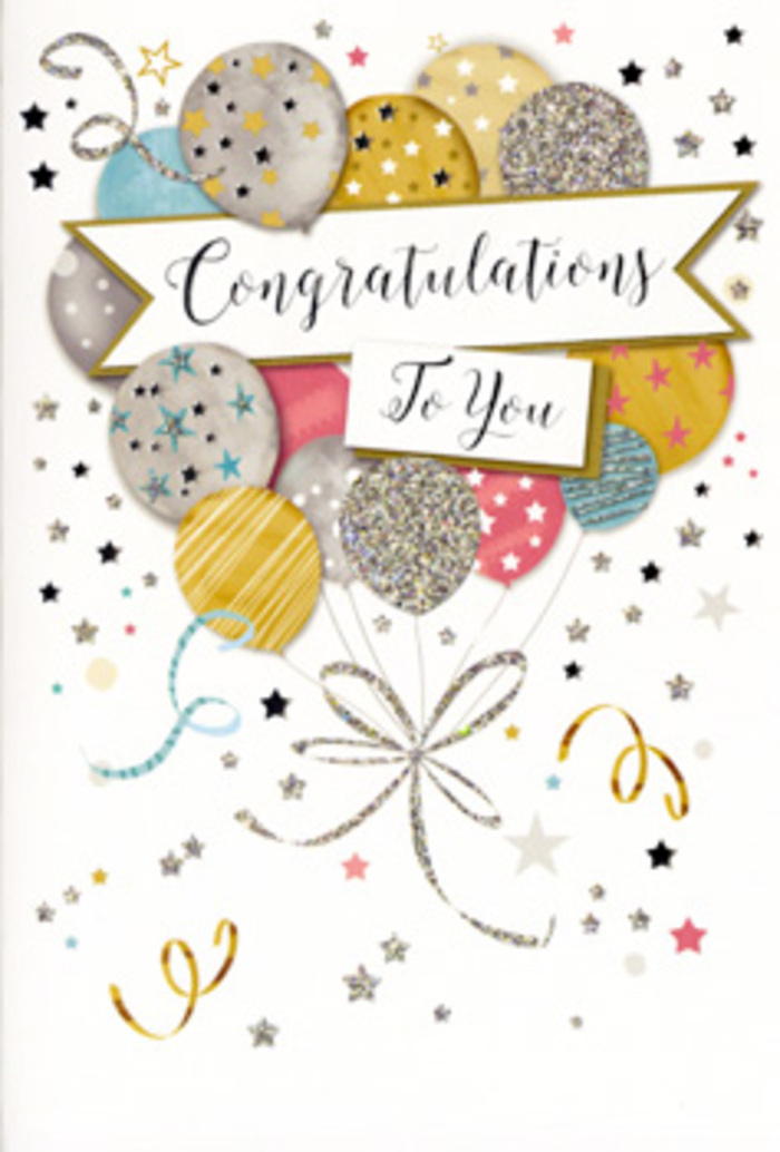 The congratulations card in this image feels like a carefully staged celebration, the kind you might find on a polished table in a Belsize Park apartment just before guests arrive. Dominating the centre is a generous cluster of balloons illustrated in a soft, contemporary style, their rounded forms overlapping in a loose bouquet. The colour palette is chic and uplifting: warm golds and antique silvers mingle with champagne tones, powder blue, blush pink, and soft grey, all subtly accented with glitter and tiny star motifs that seem ready to catch a shaft of afternoon light streaming in from a window on Belsize Grove. Each balloon has its own personality-some adorned with neat, vertical stripes, others sprinkled with scattered constellations of metallic stars, and a few finished with an all-over shimmer that suggests fine, textured glitter on the printed surface. Long, curling ribbons in gold and silver trail gracefully downward, tying the balloons together in a single, celebratory cluster. Surrounding the arrangement, small metallic stars, dots of confetti, and whimsical swirls float across a pale, calm background, evoking the carefree energy of a surprise party or a well-earned celebration dinner on Rosslyn Hill. At the heart of the design, a classic banner sweeps across with the message Congratulations To You in refined cursive, the lettering balanced and reassuring, like a kind word spoken at just the right moment. As a local florist, I can almost imagine slipping this card alongside a hand-tied bouquet destined for a graduation, a new home, or a long-awaited promotion, ready for same-day delivery around Belsize Park to mark a truly special achievement.