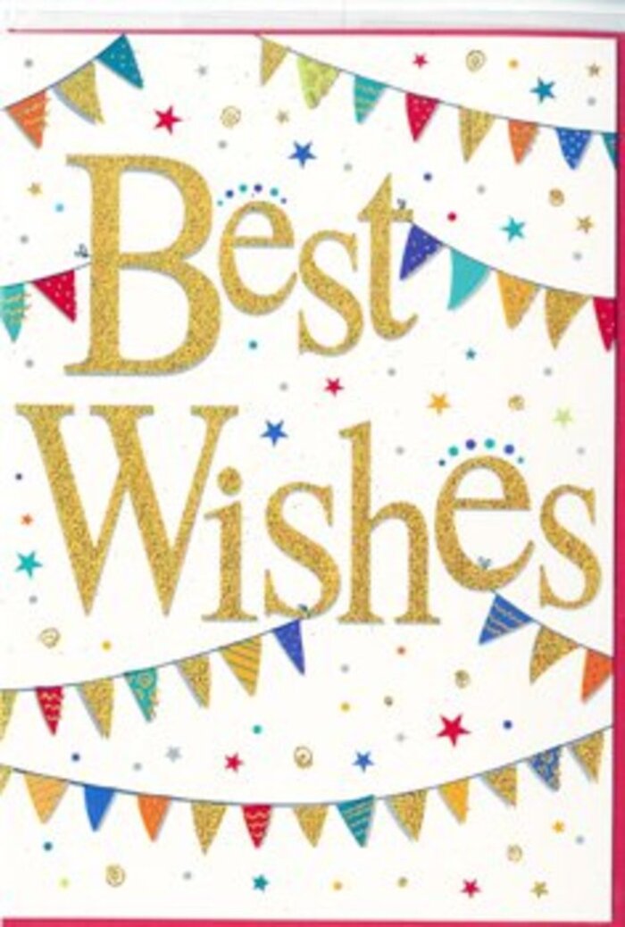 A beautifully festive congratulations card is shown in close detail, radiating the same buoyant energy you might feel walking through Belsize Park on a sunny, celebration-filled afternoon. Across the middle, the phrase Best Wishes unfurls in broad, looping golden letters, the script slightly embossed so it gleams when the light hits, suggesting a high-quality glitter or foil finish you can almost feel beneath your fingertips. The rich metallic gold stands out vividly against the bright, unblemished white background, giving the entire card a polished yet cheerful character. Above and below this central message, arcs of colourful bunting run gracefully from edge to edge, mimicking strings of flags strung between lampposts on a festival day near Belsize Park Gardens. Each tiny triangular pennant is painted in striking jewel tones-deep blues, ruby reds, vibrant greens, and amber yellows-often with playful patterns such as stripes, dots, and tiny mosaic-like motifs, adding texture and individuality to every flag. Sprinkled throughout the design, small star shapes and round confetti dots in coordinating colours create a scattered, airborne effect, as though the air itself were alive with celebration. The overall composition is balanced and uplifting, ideal for sending congratulations for a new job, a house move, or an achievement at a nearby school or university. Crafted with the eye of an experienced local florist who often pairs such cards with bright bouquets for delivery around Belsize Park, the card conveys warmth, encouragement, and shared happiness, transforming a simple message into a moment of pure, joyful recognition.