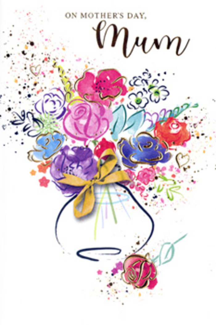 The card features a vibrant, painterly bouquet that feels as though it has been sketched straight from the workbench of a Belsize Park florist, then translated into flowing watercolour. At the centre, an array of blooms erupts upward and outward from a modest vase, each flower outlined with confident strokes of deep indigo that give clarity to their soft, blurred interiors. The petals are washed in bold cerise and magenta, mingling with notes of warm apricot, rose pink, and gentle lavender, while hints of fresh green foliage peek between them, adding lift and contrast. Fine ribbons of gold paint trace select petals and leaves, picking up the light in much the same way glints of sun catch dew on a spring morning in nearby Primrose Hill Gardens. Around the main bouquet float tiny heart shapes and free-spirited flecks of colour, scattered as if by a joyful hand, echoing the bustling, friendly atmosphere of Belsize Park's local cafés and side streets. These accents gather most noticeably near the rounded vase at the bottom, wrapping it in an aura of affection. The vase is simple and softly contoured, perhaps ceramic or glass, its neutral presence allowing the flowers above to shine. The entire composition rests against a pristine white background, giving the colours room to breathe and underscoring the sense of fresh, open-hearted emotion. This Mother's Day card radiates gratitude and love, capturing that intimate moment when a child, young or grown, offers a thoughtfully chosen bouquet to their mum, whether she lives just off Haverstock Hill or further across North London, as a lasting reminder of their bond.