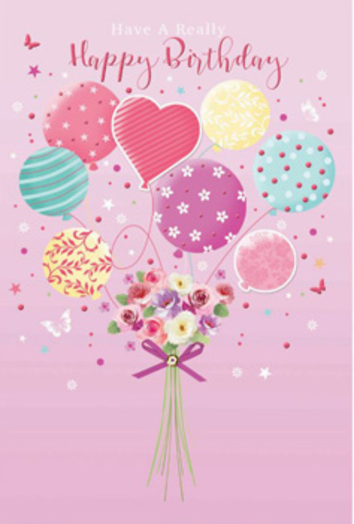 This birthday artwork presents a floating celebration that feels perfectly at home in the calm, leafy streets of Belsize Park. Against a soft, rosy-pink background, a cluster of pastel balloons appears to rise gently into the air, as though lifting a tiny garden with them. The balloons vary in shape and decoration, yet remain harmoniously coordinated: round ones shimmer in pale sunshine yellow, seafoam green, and warm blush; others are traced with ribbons of colour that curl around their surfaces; some are scattered with tiny polka dots and stylised floral patterns, adding a sense of movement and fun. A heart-shaped balloon, slightly larger and more central, radiates a quiet affection, hinting that this is a birthday greeting filled with love rather than noise. Below, a compact hand-tied bouquet anchors the design. Small roses and soft, daisy-like blooms gather closely at the base of the balloon strings, their petals shaded from cream to soft rose and mauve, like flowers caught in the gentle morning light around nearby Primrose Hill. Each blossom has a velvety texture, with petal edges that curl outward slightly, suggesting freshness and care. Wisps of greenery are tucked between the blooms, keeping the palette light and romantic rather than overpowering. A rich purple satin bow ties the stems together with a graceful flourish, the ribbon's sheen echoing the balloons' glossy surfaces. Around the composition, tiny butterflies and twinkling star motifs drift across the pink field, like daydreams floating over the rooftops of NW3. The lighting is soft yet bright enough to highlight every curve and contour, giving the entire scene a mood of gentle jubilation - the feeling of a thoughtfully chosen birthday surprise arriving at a doorstep near Belsize Park station.