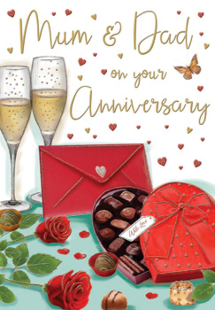 The anniversary card pictured here unfolds like a romantic scene set in Belsize Park, carefully illustrated to celebrate the enduring love of Mum and Dad. Two tall champagne flutes anchor the composition, positioned closely together as if in a quiet, affectionate embrace. Their clear stems and bowls reflect soft, ambient light, while fine streams of golden bubbles shimmer within, suggesting a celebratory toast that captures the joy of another year shared. Just below, a luxurious heart-shaped box of chocolates invites the eye, its lid tipped open to reveal rows of glistening truffles. A sumptuous red bow wraps around the box, its loops and tails rendered with a satin sheen that feels almost touchable, reminiscent of the ribbon we use on special anniversary bouquets leaving our Belsize Park workshop. Nestled beside this indulgent centrepiece lie two rich red roses, their plush, layered petals and glossy green leaves arranged like a small, intimate floral gift. Their colour echoes the deep ruby tones often chosen for romantic celebrations across nearby Primrose Hill and Swiss Cottage. Scattered chocolates add a relaxed, lived-in charm, as though the scene was paused mid-celebration. A scarlet envelope, slightly angled and sealed, promises heartfelt words written by loving children. Floating across the design, tiny hearts in crimson and gold, along with hand-lettered words for Mum & Dad, create a soft frame of affection around the central still life. The overall mood is warm, elegant, and deeply personal, like raising a glass together at home after a special delivery, surrounded by flowers and family memories in Belsize Park.