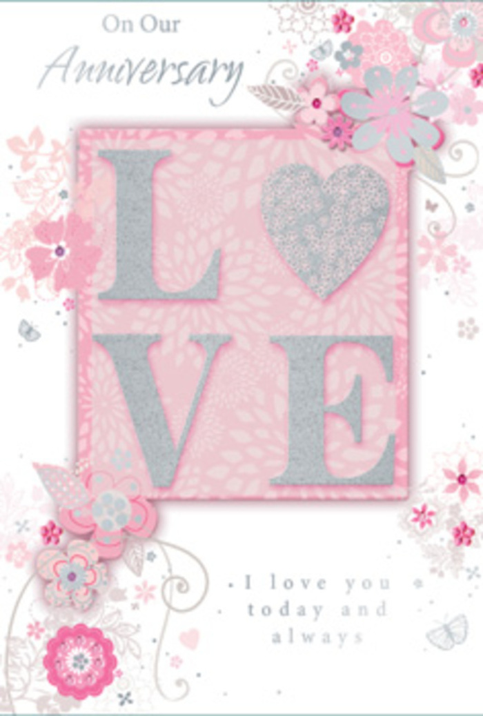 This anniversary card feels like stepping into a calm, sunlit sitting room in Belsize Park where love is woven into daily life. At the centre of the design, the word LOVE stands out in frosted, glitter-flecked letters, slightly raised from the card so that the texture almost invites a slow, appreciative touch. The glitter is soft rather than bold, in tones of blush pink, white, and fine silver, catching the light gently like the soft glow on evening blossoms near Haverstock Hill. Around this central motif, wispy, hand-drawn flowers and fine sprays of foliage drift along the borders and into the background. The blossoms appear in harmonious shades of pink, lilac, and creamy ivory, their petals defined by delicate line work and subtle shading reminiscent of a florist's sketchbook. Dainty leaves, curling tendrils, and graceful swirls weave between the flowers, giving a quiet sense of movement, as though a light breeze from Hampstead Heath had brushed through the card. If you look closely, tiny, almost-hidden butterflies are suggested in the pattern, their wings formed by soft curves and faint silver accents, adding a gentle flutter of romance. The message, I love you today and always, is set in understated, elegant type, balanced so it feels almost like a whispered promise. The palette remains soft and romantic throughout, dominated by pastel pinks, pearly whites, and diffused silvers, echoing the feel of a bespoke anniversary bouquet ordered for a cherished partner in NW3-thoughtful, intimate, and beautifully composed.