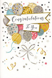 This congratulations card is like a moment of pure celebration frozen in time, full of colour, movement, and quiet sophistication. A bouquet of illustrated balloons rises across the card, each one rounded and luminous, arranged in a loose cluster that feels both playful and composed. The colours range from rich gold and polished silver to soft champagne, sky blue, pearly pink, and dove grey, all harmonising in a palette that suggests modern elegance rather than noisy cheer. Some balloons are embellished with tiny metallic stars, others with fine stripes or gentle sprinklings of glitter, giving the impression of texture you can almost feel beneath your fingertips. Slender ribbons, finely drawn in shimmering gold and silver, curl downward in sweeping lines, gathering the floating shapes together just as a florist might tie the stems of a bouquet. Around this central cluster, small stars, dots of confetti, and airy swirls drift across a light, uncluttered background, like the last sparkles of a party settling in the air above Belsize Park Gardens after an evening celebration. A softly arched banner cuts through the middle with the words Congratulations To You written in elegant script, the lettering poised yet warm, suggesting genuine pride in the recipient's achievement. The entire composition feels like the paper counterpart to a celebratory floral arrangement delivered locally-perfect for graduations, promotions, exam success, or any proud milestone where you want to send not just words, but a feeling of shared joy and admiration across Belsize Park and the surrounding streets.