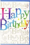 This image shows a jubilant birthday card whose front cover radiates the same lively spirit you might feel walking past colourful shopfronts in Belsize Park on a bright afternoon. The central 'Happy Birthday' message is written in big, rounded letters that sweep across the card in a continuous arc, each letter dipped in a different stretch of the rainbow. Rich reds melt into hot pinks, moving effortlessly through velvety purples and deep blues before shifting into bright greens and sunny yellows, like a row of party balloons strung up above a garden table. The colours are softly blended, creating a smooth gradient that feels both modern and playful. All around the main text, tiny scattered dots and star-like shapes in matching hues dot the background, suggesting falling confetti or sparkling lights. Beneath this colourful celebration, the base layer of the design is made up of graceful lines of gold script, repeating the phrase 'Happy Birthday to you' over and over. The handwriting-style lettering curls and loops like elegant calligraphy, with a subtle metallic glimmer that seems to catch the light, much as evening sun glints off townhouse windows near Haverstock Hill. The card surface looks sleek and slightly glossy, enhancing the richness of the colours and the refined shine of the gold. In mood, the design feels joyful yet thoughtful, blending bold, youthful energy with a touch of sophistication. It gives the impression of a heartfelt birthday greeting chosen with care, like selecting just the right bouquet in a Belsize Park shop to make someone's day feel truly celebrated and remembered.