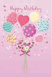 A whimsical birthday scene comes to life on a gentle pink canvas, as if inspired by a stroll through the peaceful streets of Belsize Park on a bright spring morning. A bouquet of pastel balloons rises gracefully at the centre, gathered in a loose cluster that feels weightless and free. Each balloon tells its own story: some are banded with candy-coloured stripes that twist upward; others are sprinkled with playful polka dots, while a select few carry delicate floral motifs and swirling patterns that recall hand-painted decorations in a boutique card shop on England's Lane. Their colours are soft yet joyful - blush pink, sea green, lemonade yellow, powder blue, and a whisper of lavender - blending together like a cheerful birthday sky. Tethered below is a hand-tied bouquet of fresh flowers, compact and carefully balanced. Creamy ivory roses nestle alongside anemone-like blossoms and daisy-inspired blooms in blush, mauve, and pale peach, their petals feathery and layered, as though they've just been conditioned and arranged by a local florist. A violet satin bow gathers the stems with a neat, sparkling knot, its trailing ends adding a touch of elegance without overwhelming the playful design. Tiny stars and butterflies scatter softly across the background, suggesting a light, fairy-tale movement, like confetti drifting above nearby Hampstead Heath. The lighting in the image is bright but gentle, catching glints of shine on the balloon surfaces and the natural, velvety glow of each petal. Overall, the artwork conveys an airy, sweet, and perfectly festive mood - an illustrated echo of a birthday bouquet that might be delivered with care anywhere around Belsize Park and the surrounding NW3 neighbourhood.