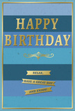 The image features a beautifully composed birthday card whose design combines tranquil blue tones with luxurious gold accents, creating a sense of peaceful celebration. The card face is arranged in wide horizontal stripes, each stripe a different shade of blue-starting with deep navy at the top, then gradually shifting through rich ocean, denim, teal, and finally to a gentle, airy sky blue at the base. This banded effect gives the card quiet depth, like looking out across layers of distant rooftops and trees in Belsize Park at dusk. Prominently centered, the words HAPPY BIRTHDAY are embossed in shining gold capitals. The letters are tall, evenly spaced, and slightly raised so they would feel distinct under the fingertips, their metallic finish catching and reflecting light with every small movement. Just beneath this main greeting, a decorative golden flourish sweeps outward in elegant curves, reminiscent of traditional calligraphy or wrought-iron detailing on an old terrace along England's Lane. Below the flourish, three slim golden banners are placed one beneath the other, forming a gentle cascade of messages: Relax, have a great day and enjoy! Each banner repeats the warm gold tone of the text above, bringing a hint of celebration without disturbing the card's calm, measured rhythm. A narrow gold line outlines the entire front of the card, framing the blues and golds like a picture. It's easy to imagine this card paired with a locally delivered bouquet from Belsize Park Florist, propped on a mantelpiece or bedside table, offering not just birthday wishes but a quiet reminder to slow down and savour the moment.