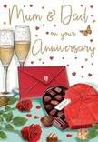 This lovingly illustrated anniversary card captures a rich, celebratory scene, the kind you might picture on a dining table in Belsize Park just after a florist's delivery arrives. Two tall champagne flutes stand proudly in the centre, filled with softly glowing golden fizz, their stems almost touching as if they, too, are a devoted couple. The bubbles rise delicately, frozen at that expectant moment before a heartfelt toast to Mum and Dad. In front of the glasses rests a heart-shaped chocolate box in deep red, its hinged lid opened to reveal an assortment of smooth, round truffles, with a few chocolates playfully scattered as though someone couldn't quite wait. The box is dressed with a sumptuous crimson bow, its loops and tails flowing like satin ribbon on a luxury bouquet. To one side, two velvety red roses and their lush green leaves lie artfully arranged, recalling a classic florist's choice for romance and appreciation, similar to the anniversary stems we prepare for homes around Haverstock Hill and Chalk Farm. A bright scarlet envelope, sealed and full of promise, suggests intimate, handwritten words of gratitude and love. All around, tiny red and golden hearts float against a soft background, framing the hand-lettered Mum & Dad and infusing the scene with playful affection. The colours are rich and warm-ruby, gold, deep green-evoking the glow of an evening celebration at home. As a local florist, I see this card as a visual toast to long-lasting love, shared stories, and the gentle luxury of marking an anniversary together in Belsize Park.